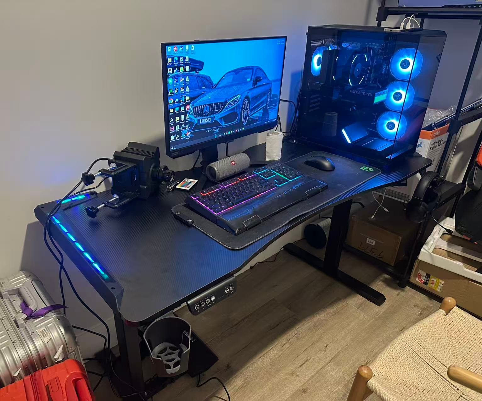 Futuristic Single-Motor RGB Gaming Desk - Black Carbon Fiber view 2