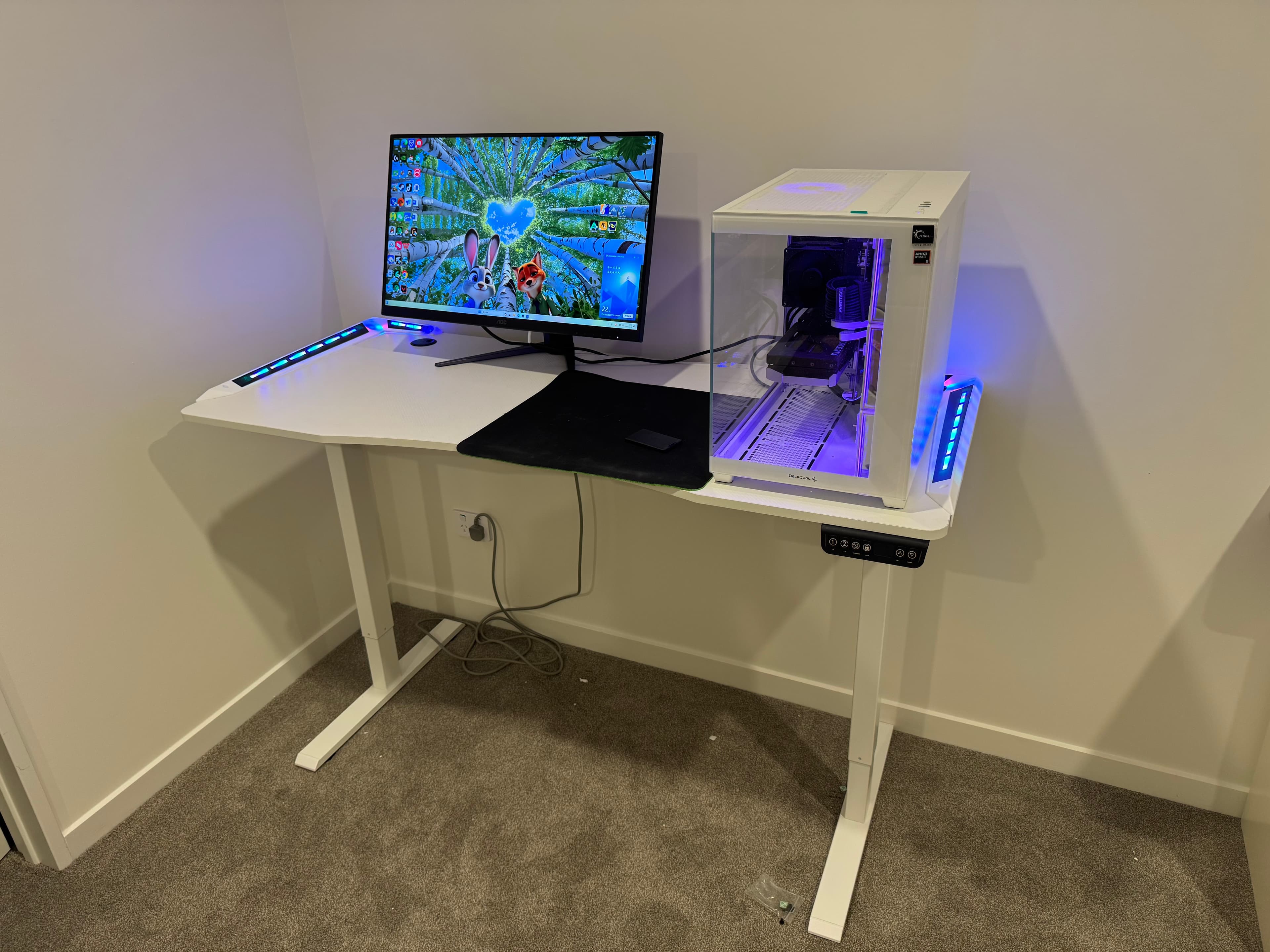 Futuristic Single-Motor RGB Gaming Desk - white Carbon Fiber view 2